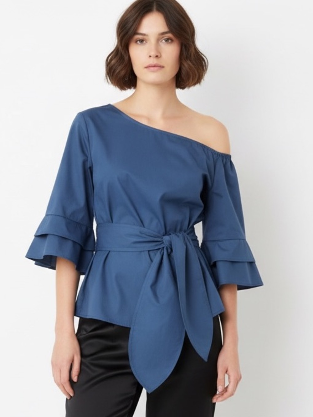 ChicMe Asymmetrical One-Shoulder Blue Tie-Waist Blouse L